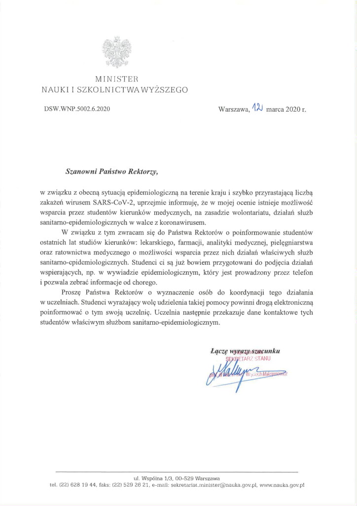 List Ministra Nauki i Szkolnictwa Wyższego do rektorów uczelni-1